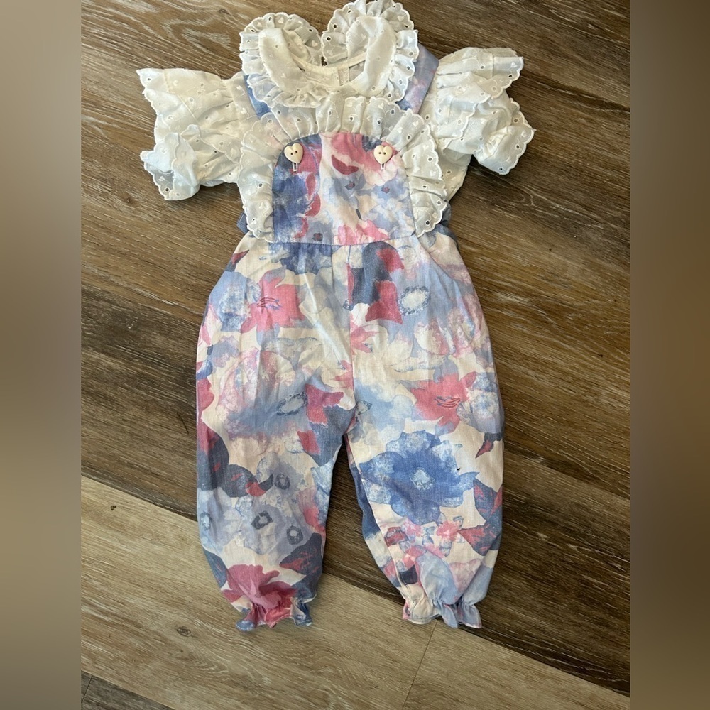 Vintage alphabet, kids jumpsuit with ruffle shirt size 12 months made in the USA